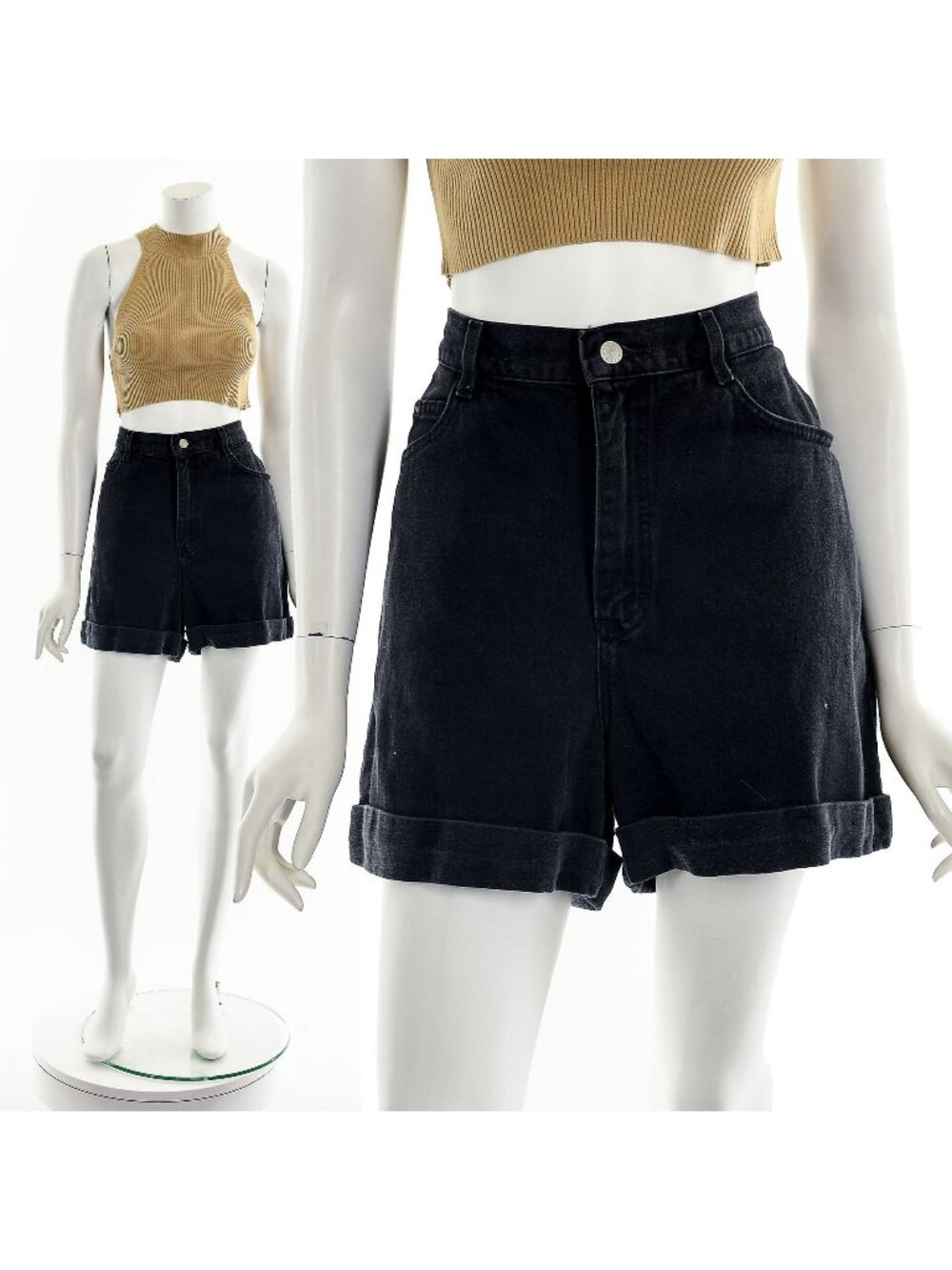 Black Hi-Rise Denim Cuffed Shorts